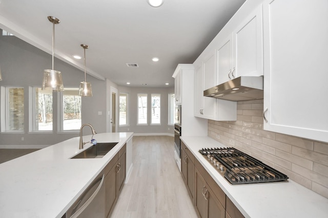 kitchen with light countertops, visible vents, appliances with stainless steel finishes, a sink, and under cabinet range hood