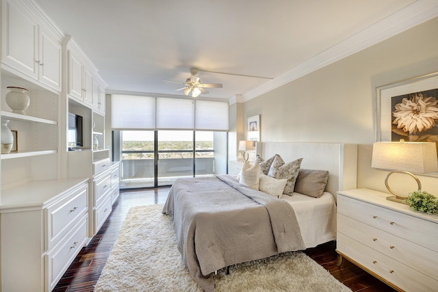 bedroom with ceiling fan, dark wood-type flooring, crown molding, and access to outside