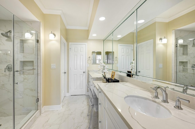 bathroom with vanity, walk in shower, and crown molding