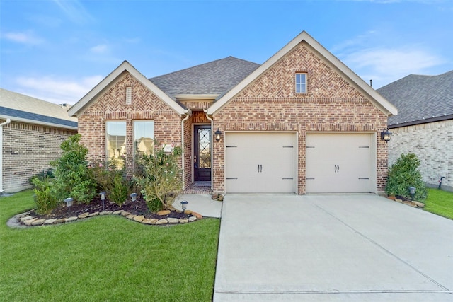 view of front of property with a front yard and a garage