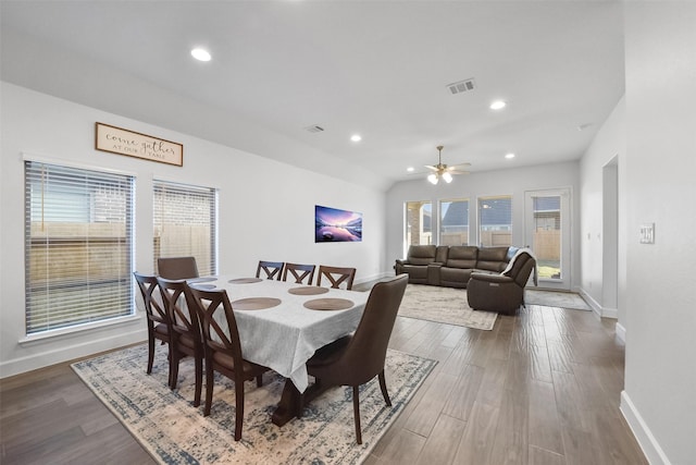 dining space featuring ceiling fan, a wealth of natural light, and wood-type flooring