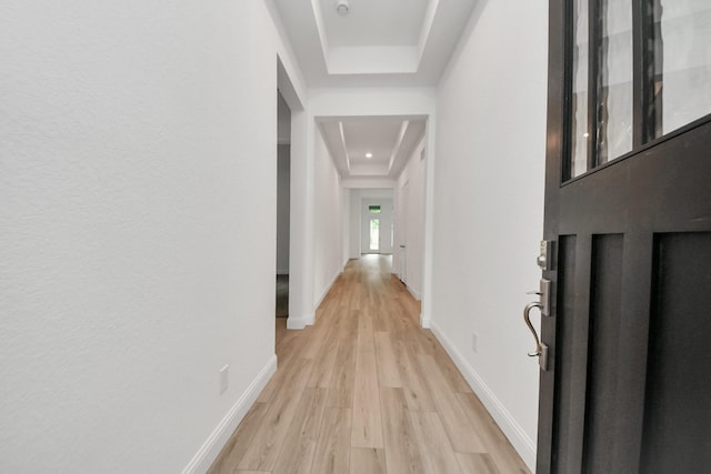 17733 Gold Saddle Ln, Magnolia, TX 77354 - hallway featuring light wood finished floors, baseboards, and a tray ceiling