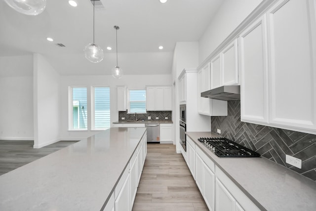 17733 Gold Saddle Ln, Magnolia, TX 77354 - kitchen featuring stainless steel appliances, tasteful backsplash, recessed lighting, under cabinet range hood, and white cabinets