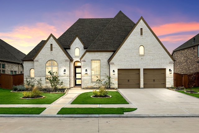 french country home featuring a garage and a yard