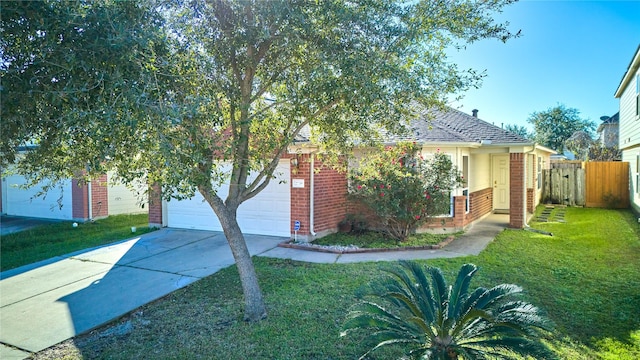 obstructed view of property with a front lawn and a garage