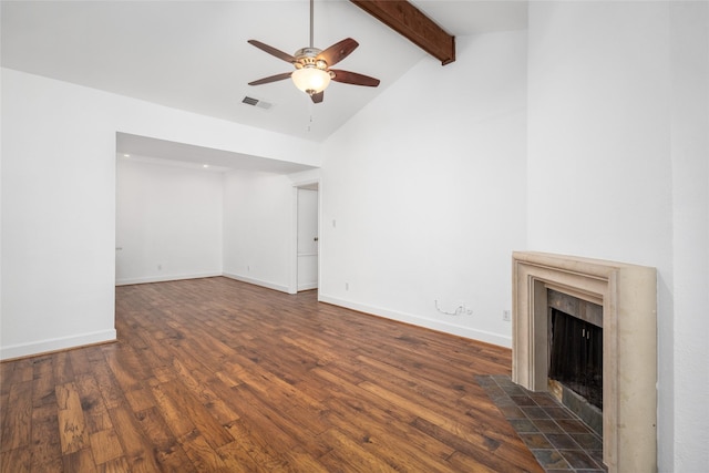 unfurnished living room with ceiling fan, dark wood-type flooring, beamed ceiling, high vaulted ceiling, and a fireplace