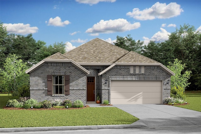 view of front of property with a garage and a front lawn