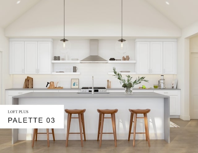 kitchen with hanging light fixtures, wall chimney range hood, white cabinetry, and open shelves