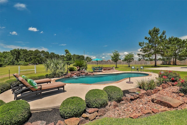 view of swimming pool with a patio and a yard