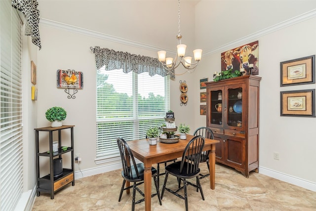 dining space with a notable chandelier and ornamental molding