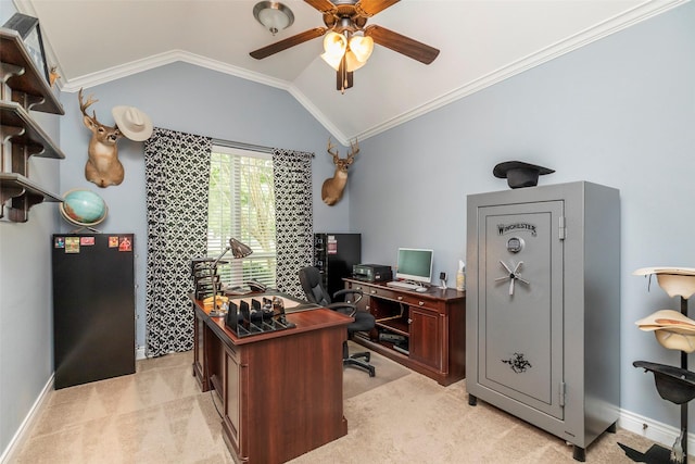 office with ceiling fan, light colored carpet, crown molding, and lofted ceiling