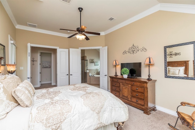 carpeted bedroom with ceiling fan and crown molding