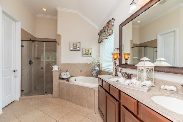 bathroom featuring vanity, ornamental molding, separate shower and tub, and tile patterned flooring