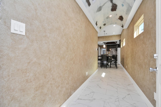 hallway with high vaulted ceiling