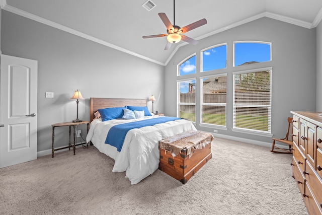 carpeted bedroom with lofted ceiling, ceiling fan, and crown molding