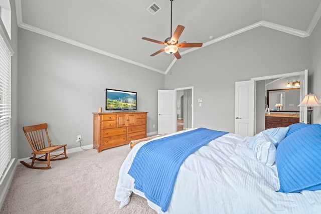 carpeted bedroom featuring ceiling fan, high vaulted ceiling, and ornamental molding