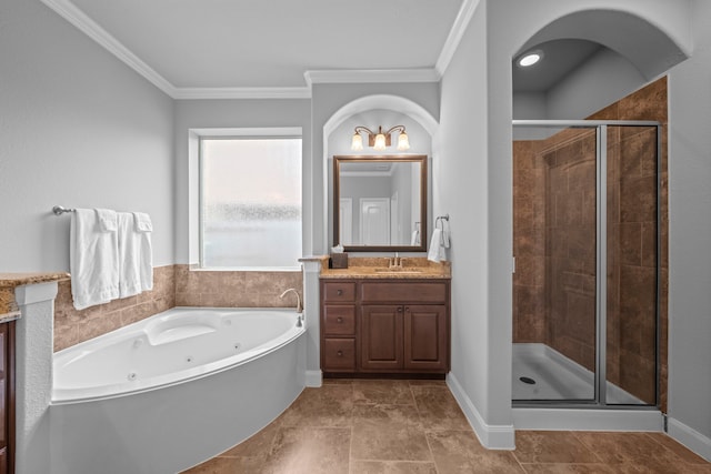 bathroom with crown molding, vanity, and independent shower and bath