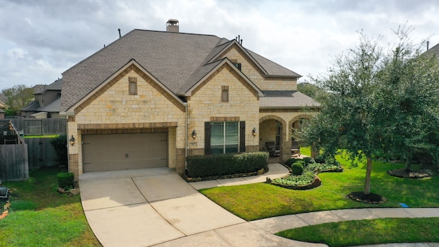 view of front facade featuring a front yard, a garage, and covered porch