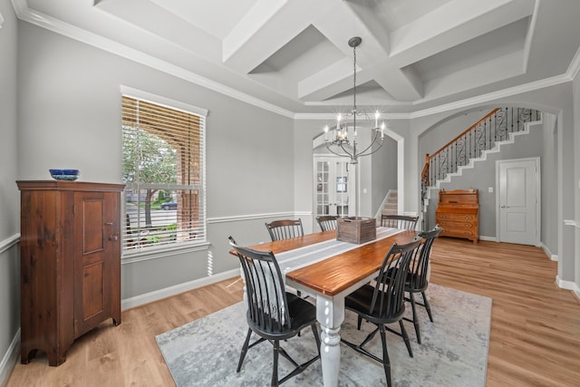 dining space featuring coffered ceiling, light hardwood / wood-style flooring, ornamental molding, beamed ceiling, and a chandelier