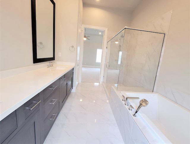 bathroom with vanity, ceiling fan, and plus walk in shower