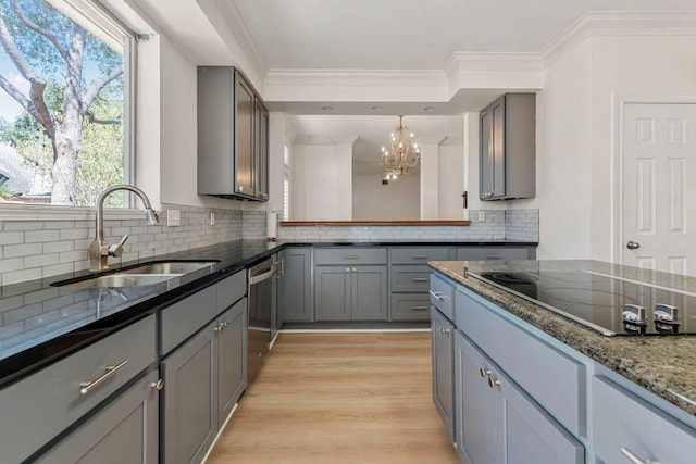 kitchen featuring sink, light hardwood / wood-style flooring, backsplash, gray cabinets, and black electric cooktop