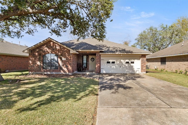 ranch-style home featuring a garage and a front yard