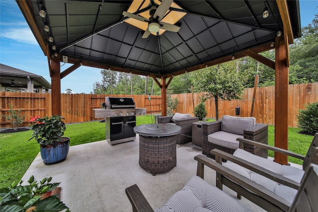 view of patio / terrace featuring a gazebo, area for grilling, outdoor lounge area, and ceiling fan