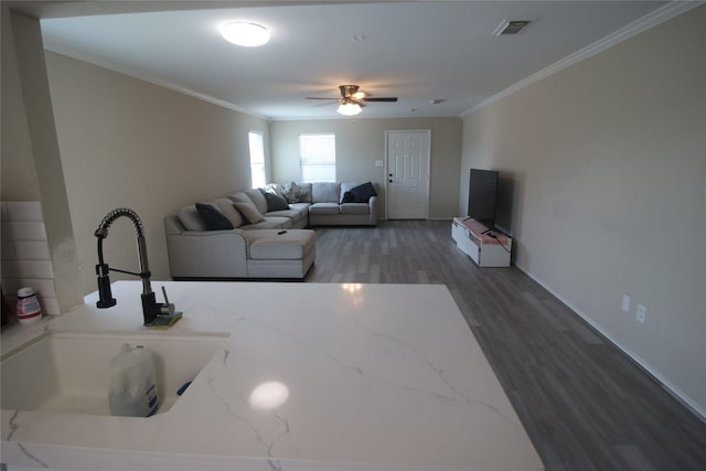 living room featuring dark hardwood / wood-style floors, ceiling fan, crown molding, and sink