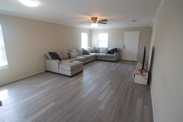 living room with ceiling fan, hardwood / wood-style floors, and ornamental molding