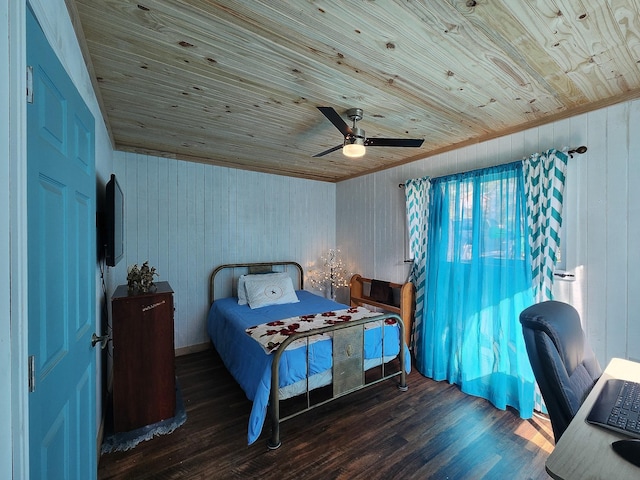 bedroom featuring ceiling fan, dark hardwood / wood-style flooring, and wood ceiling