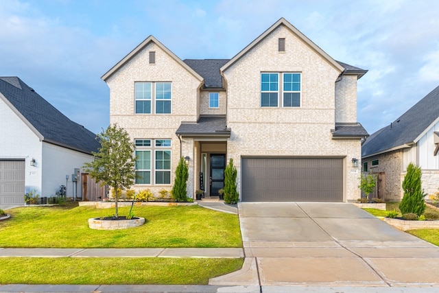 view of front of house with a front lawn and a garage