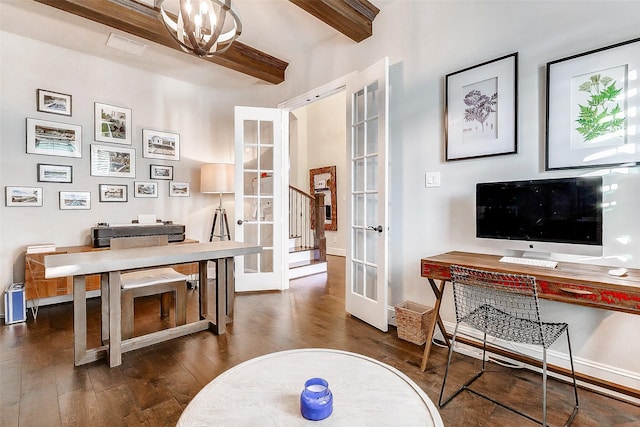 home office with beam ceiling, french doors, a chandelier, and dark hardwood / wood-style floors