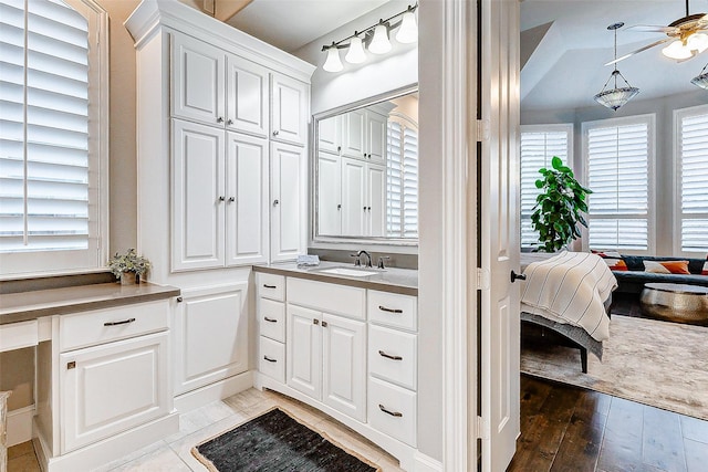 bathroom with ceiling fan, hardwood / wood-style floors, and vanity