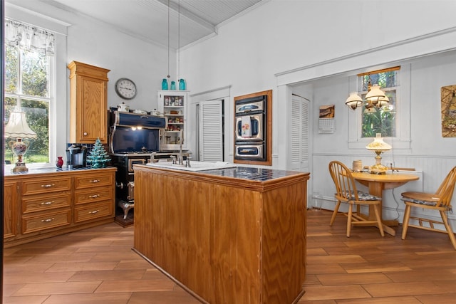 kitchen with decorative light fixtures, oven, a healthy amount of sunlight, and light hardwood / wood-style floors