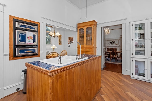 kitchen with appliances with stainless steel finishes, light wood-type flooring, a kitchen island with sink, sink, and pendant lighting