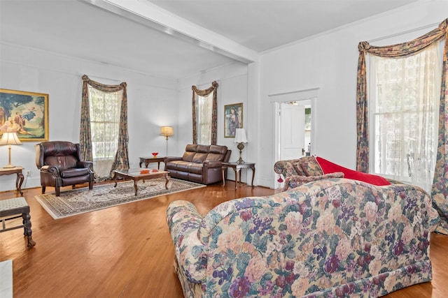 living room featuring beamed ceiling, wood-type flooring, and crown molding