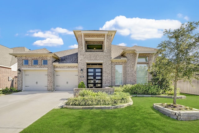 view of front of house featuring driveway, a garage, a shingled roof, brick siding, and a front yard