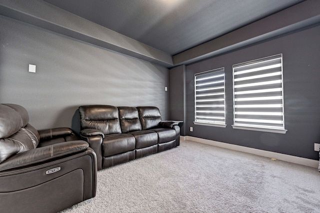 home theater room featuring carpet floors and baseboards