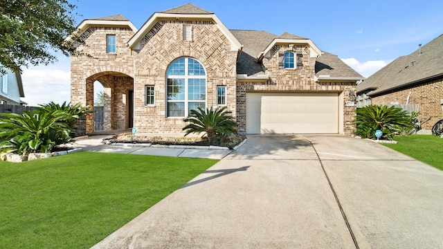 view of front of house featuring a front yard and a garage