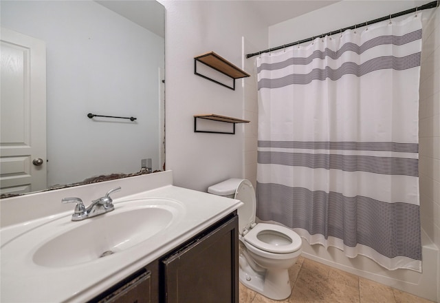 full bathroom with shower / tub combo, tile patterned flooring, vanity, and toilet