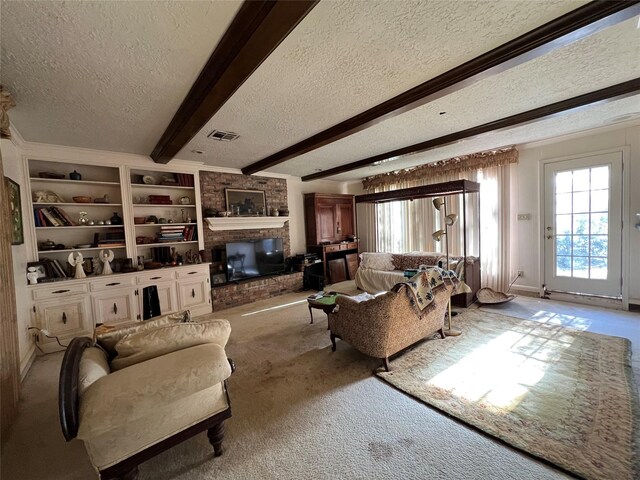 living room featuring light colored carpet, beam ceiling, a textured ceiling, and a fireplace