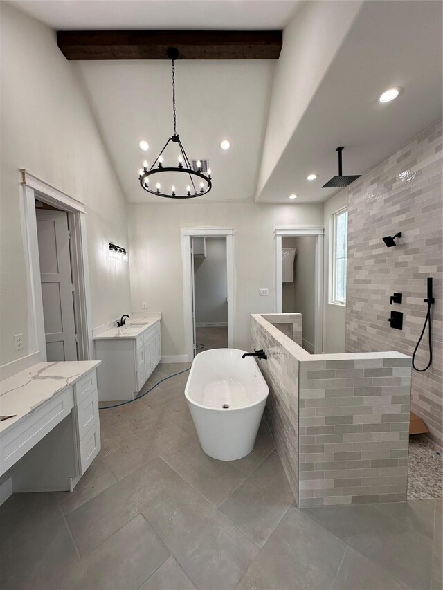 bathroom featuring separate shower and tub, vaulted ceiling with beams, vanity, and an inviting chandelier