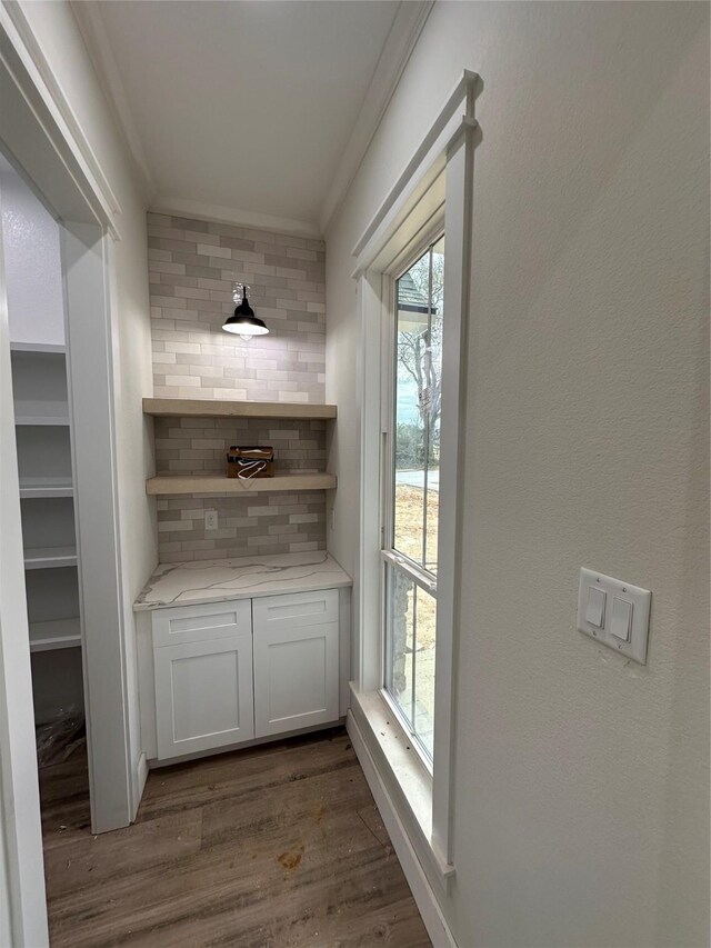 bar featuring backsplash, dark hardwood / wood-style floors, crown molding, plenty of natural light, and white cabinets