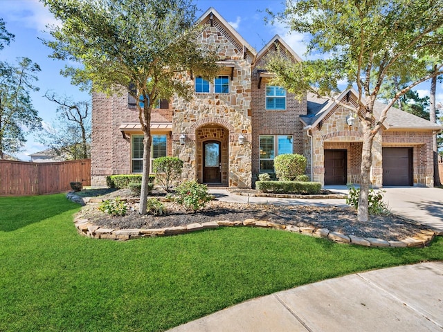 view of front of home with a front yard and a garage