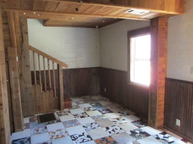 spare room featuring wood walls and wooden ceiling