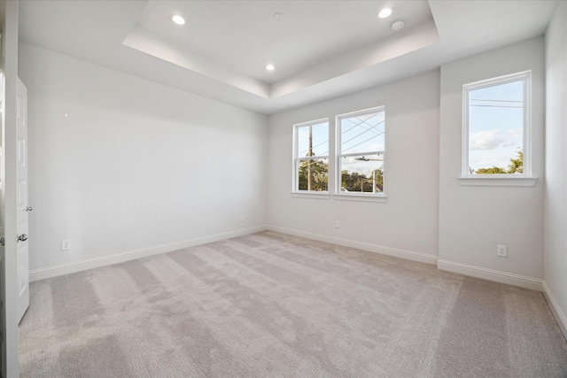 empty room with light colored carpet and a tray ceiling