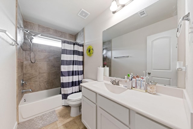 full bathroom featuring toilet, shower / bath combination with curtain, tile patterned floors, and vanity