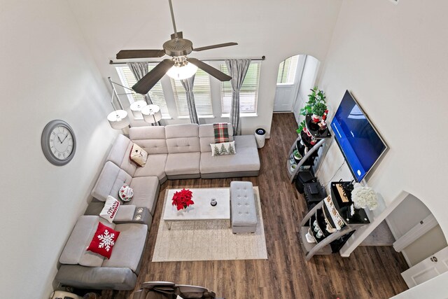 living room with ceiling fan and hardwood / wood-style floors