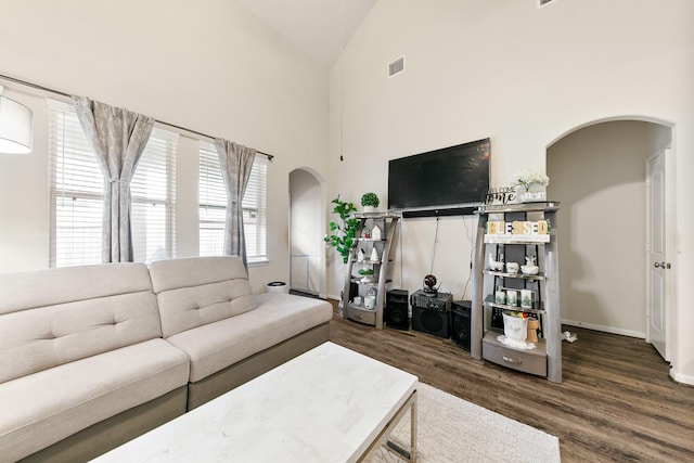 living room with dark wood-type flooring and high vaulted ceiling