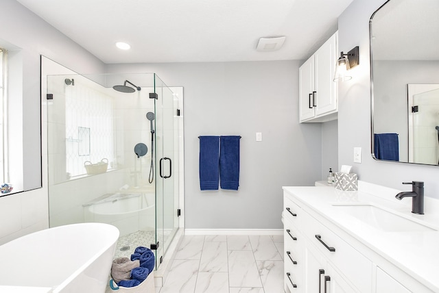 bathroom featuring independent shower and bath and vanity